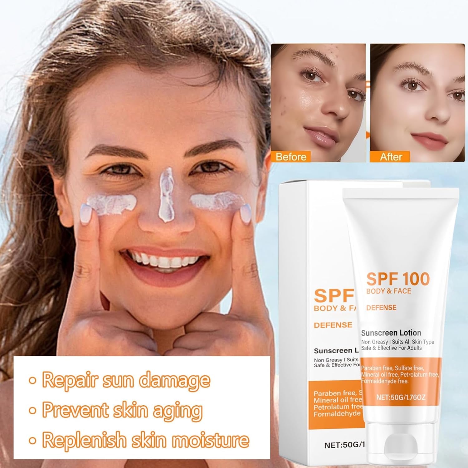 Spf 100 Face Sunscreen Moisturizer - Travel Size Sunblock - Oil Free Facial Sun Screen - Sun Screen Protector for Face & Body - Non-Greasy,No White Cast Waterproof Sunscreen Lotion -Dry Oily Skincare